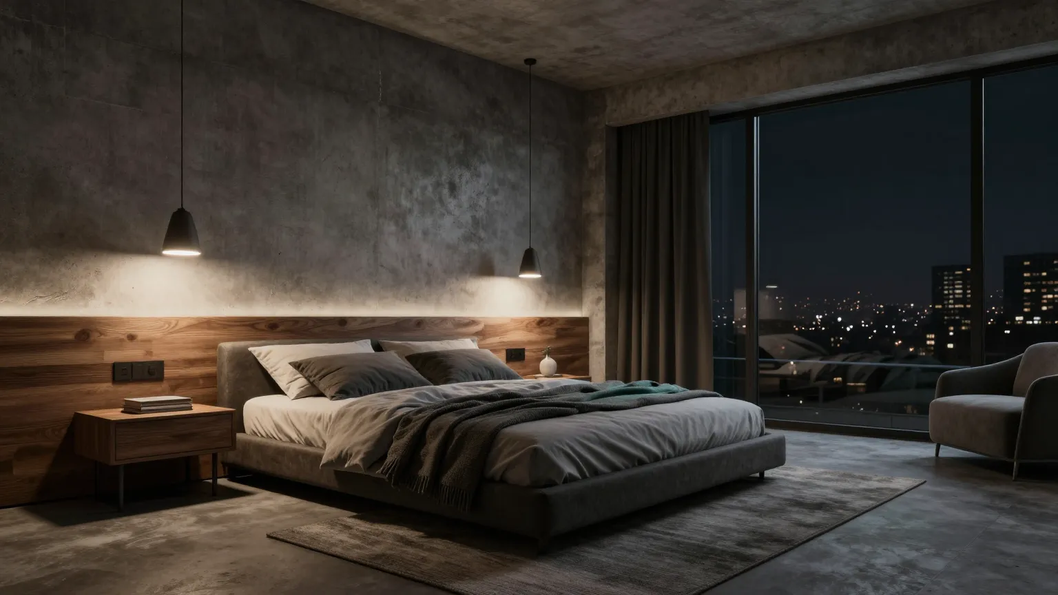 Dormitorio loft de cemento y madera, iluminación cálida