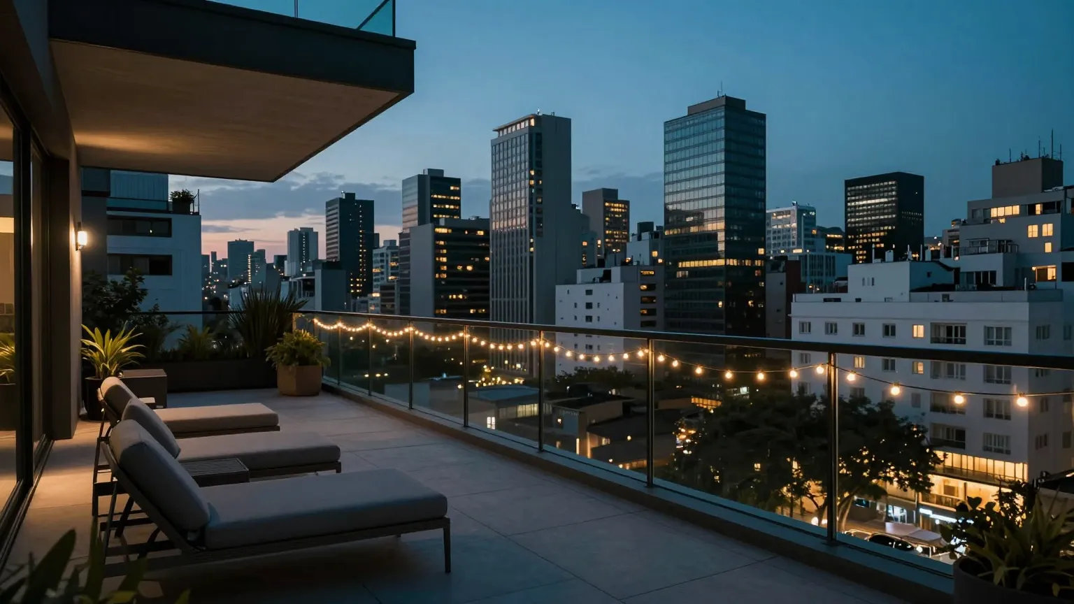 Terraza de un departamento moderno a la hora azul, con el skyline encendido